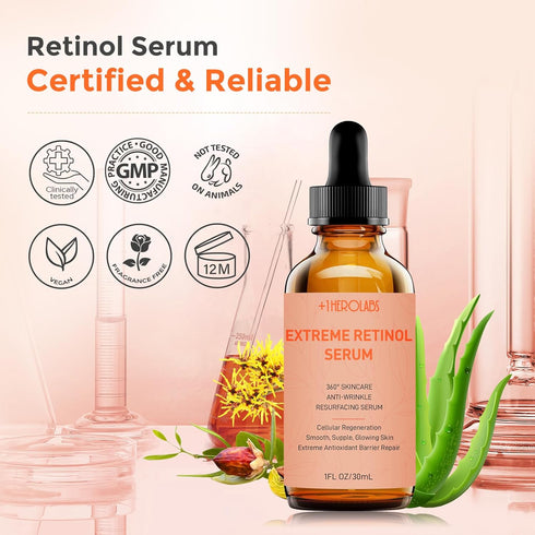 Retinol Serum 2.5% for Face, B5 Resurfacing with Vitamin C, E, Hyaluronic Acid, Anti-Aging, Dark Spot Corrector