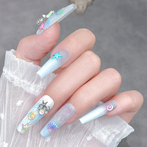 5D Summer Nail Art Stickers, Embossed Ocean Nail Decals Seashell Starfish for Luxurious Summer Nail Design Decoration