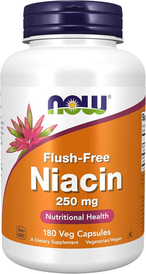 NOW Supplements Niacin (Vitamin B-3) 250 mg, Flush-Free, 180 Veg Capsules