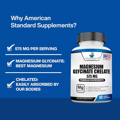 American Standard Supplements Magnesium Glycinate 575mg, 90 Veggie Capsules for Bone & Muscle Health, Chelated for