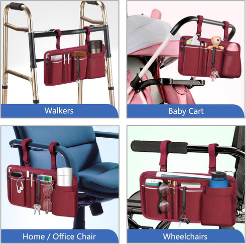 Burgundy Wheelchair Organizer Bag with Cup Holder - Versatile Mobility Accessory