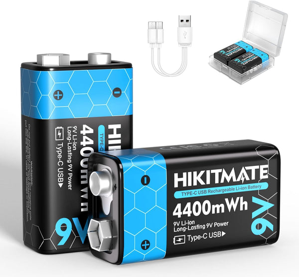 HIKITMATE 2-Pack Rechargeable 9V Lithium Batteries USB C, 4400mWh 9 Volt Li-ion Battery