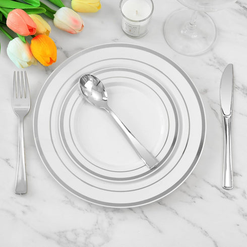 50 Pack 6.9 Inch Heavy Duty Silver Plastic Spoons, Disposable Serving Utensils for Catering, Parties, Dinners, Weddings