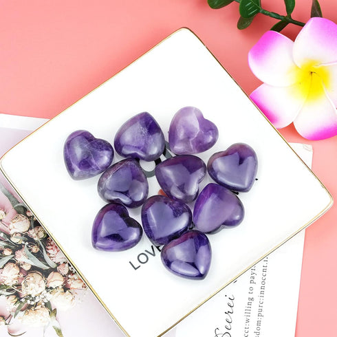 Marrywindix 10 Packs 1 Inch Healing Crystal Natural Amethyst Heart, Carved Palm Worry Stone for Chakra Reiki
