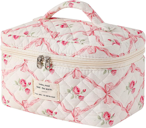 Large Quilted Makeup Bag for Women and Girls, Cute Floral Cotton Cosmetic Bag, Aesthetic Toiletry Bag (01Pink Bows)