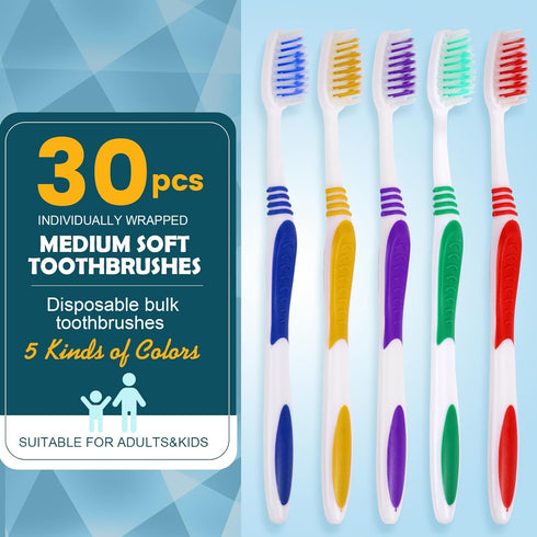 Navona 30 PCS Individually Wrapped Toothbrush Pack, Colorful Manual Set for Travel, Hotels, Donations