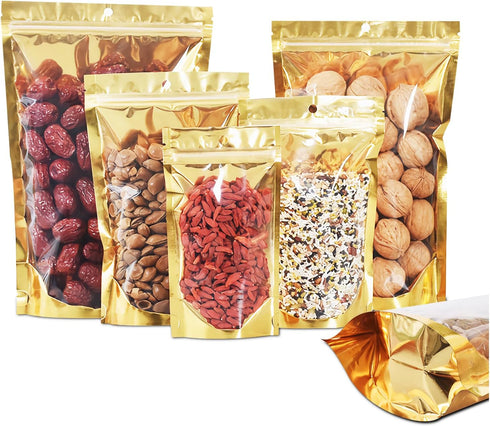 100 Pack Smell Proof Bags with Clear Front Window, Resealable Stand Up Food Storage Bags (Gold)