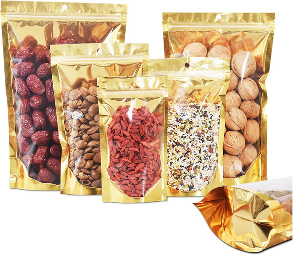 100 Pack Resealable Smell Proof Bags with Clear Front Window, 7x10+3 inch Foil Mylar Pouches for Food, Party Favors