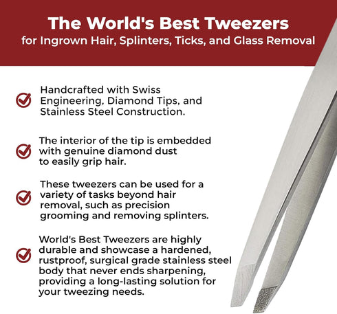 World's Best Diamond Tip Tweezers - Slant Precision Tool for Eyebrow, Facial & Ingrown Hair Removal