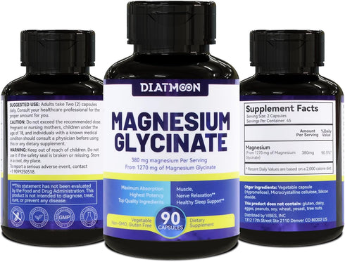 Magnesium Glycinate Capsules 380mg | 90 Counts | Non-GMO & Gluten Free | Muscle, Heart, Nerve Support, 45 Servings High