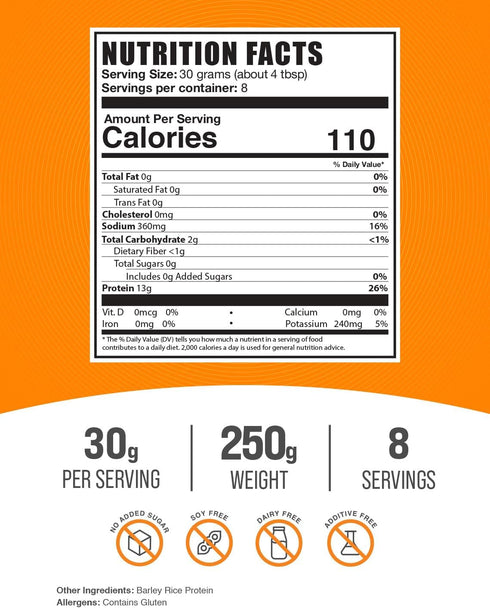 BulkSupplements.com Barley Rice Protein Powder - Vegan Protein Powder, Unflavored Protein Powder - Dairy Free Protein Source, 30g per Serving, 250g (8.8 oz) (Pack of 1)