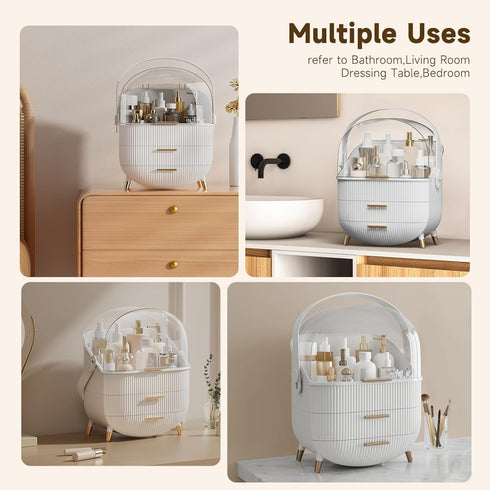 Makeup Storage Organizer with Lid, Waterproof Cosmetics Skincare Organizer for Vanity, Portable Makeup Box (White)