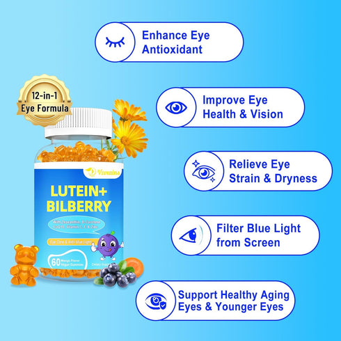 20mg Lutein & Zeaxanthin Gummies with Bilberry, Omega 3, Vitamin C, E - Sugar Free Eye Health Supplement for Adults &