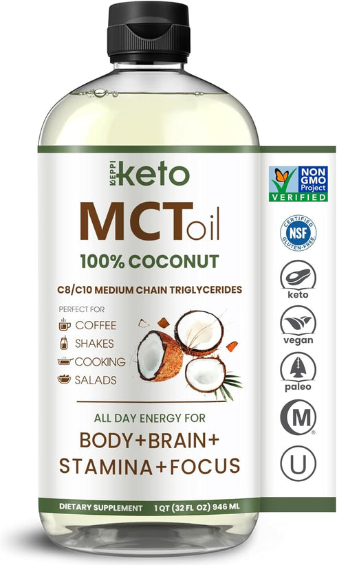 Keppi Keto MCT Oil - Flavorless C8 and C10, 32 oz, Non-GMO, Vegan, Gluten-Free, Kosher, Halal, Palm Oil Free