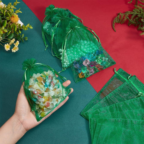 PH PandaHall 100pcs Organza Bags, 5x7 inch Jewelry Pouches, Gift Bags, Sheer Bag with Drawstring, Green Mesh Bag