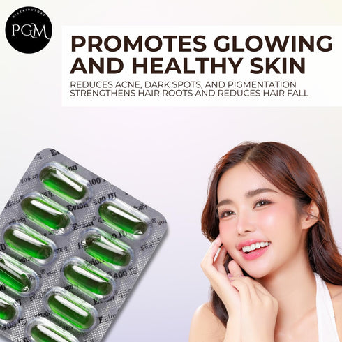 50 Evion Capsules Vitamin E for Glowing Skin, Strong Hair, Acne, Nails, 400mg