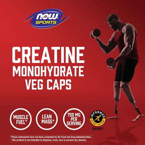 NOW Foods Sports Nutrition - Creatine Monohydrate 750 mg, Mass Building/Energy Production - 240 Veg Capsules