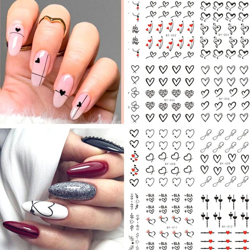 Valentine's Day Nail Art Stickers, Black Heart Water Transfer Decals, Simple Love Design for Women 12Pcs