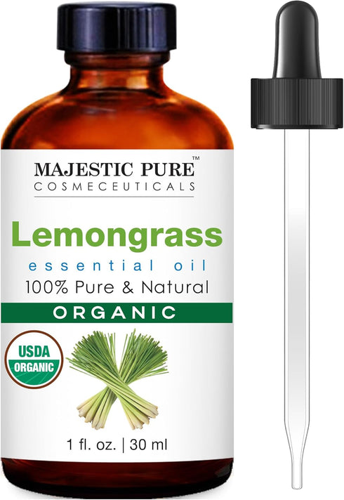 Majestic Lemongrass USDA Organic Essential Oil - 100% Organic, Premium Quality Oil for Aromatherapy, 1 fl oz