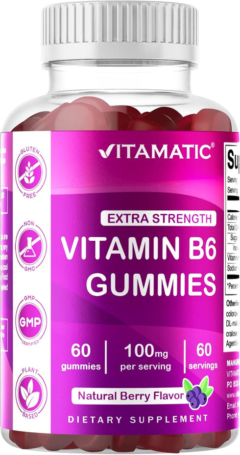 Vitamatic 2 Packs Vitamin B6 100mg - 60 Pectin Based Gummies - Berry Flavor - Nervous System Support