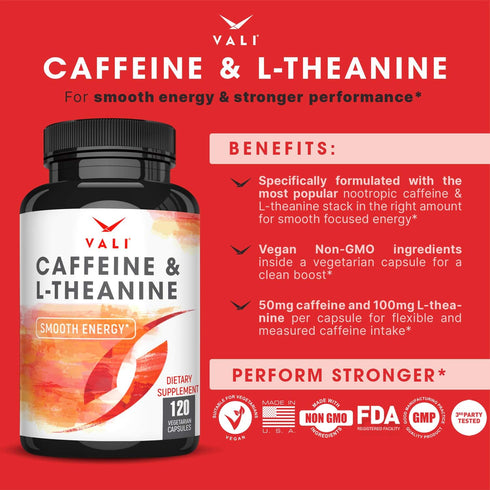 VALI Caffeine 50mg & L Theanine 100mg - Caffeine Pills & L-Theanine for Energy & Focus Supplement
