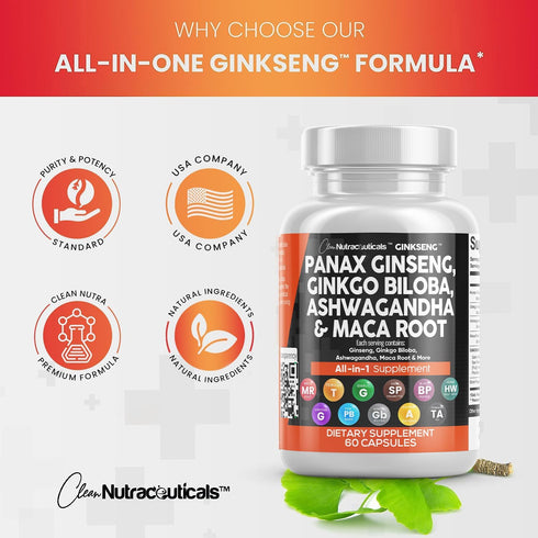 Clean Nutraceuticals Panax Ginseng 10000mg, Ginkgo Biloba 4000mg, Ashwagandha, Maca Root 3000mg - Focus Supplement