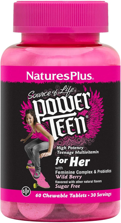 Natures Plus Power Teen for Her Chewable - 60 Vegetarian Tablets, Wild Berry, High Potency Multivitamin