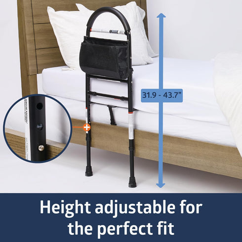 Medline Bed Assist Bar with Storage Pocket, Height Adjustable Bed Rail for Elderly Adults, Assistance for Getting