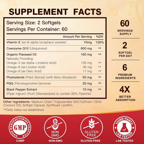 CoQ10 600 mg Softgels CoQ10 Supplement - CQ10 Coenzyme-Q10 with Omega 3 & PQQ & Vitamin E Support Heart & Antioxidant & Cellular Energy | 60 Servings