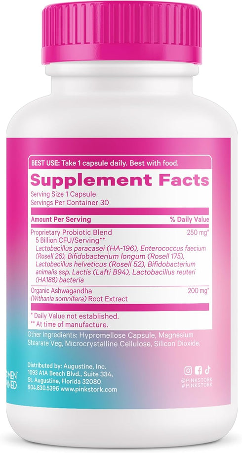 Pink Stork Fertility Support Probiotics for Women with Ashwagandha for Vaginal Health, Conception, pH Balance, 30