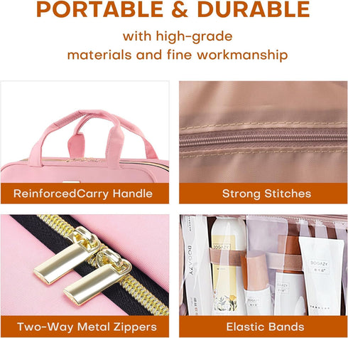 Travel Toiletry Bag with Hanging Hook, Water-Resistant Makeup Organizer for Accessories, Full-Size Shampoo