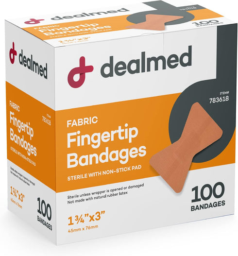 Dealmed Fabric Fingertip Flexible Adhesive Bandages – 100 Count, Non-Stick Pad, Latex Free for First Aid Kit, 1 3/4" x
