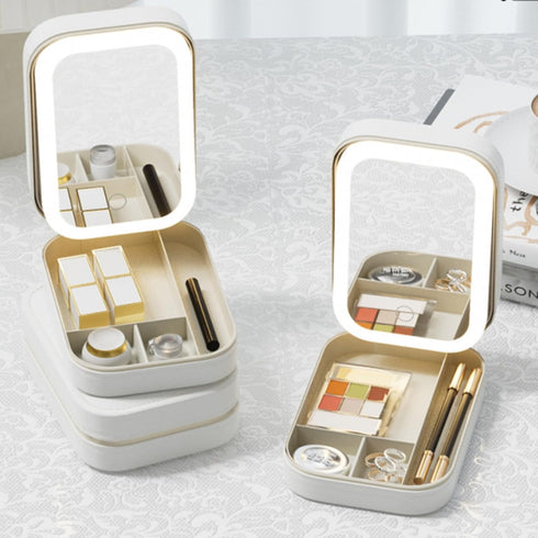 LED Three-Color Adjustable Makeup Mirror, Portable Rechargeable Organizer with Lights, Waterproof Jewelry Box