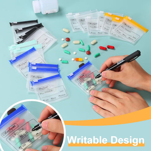 Serfeymi 48 Pcs Zippered Pill Pouches Organizer Plastic Bags 3 X 3 Inches with Writable Label for Travel Medicine