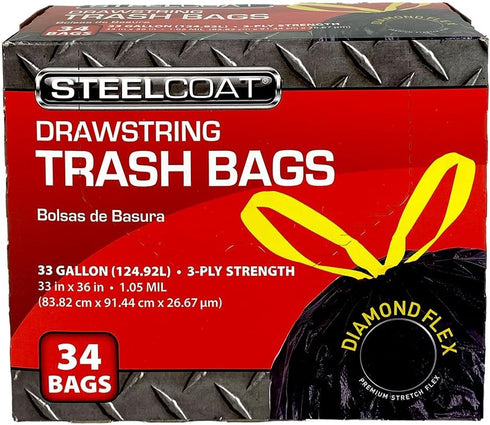 Large Drawstring Trash Bags, 33-gallon, 34-count, Diamond Flex Premium Stretch, 1.05-mil, Black