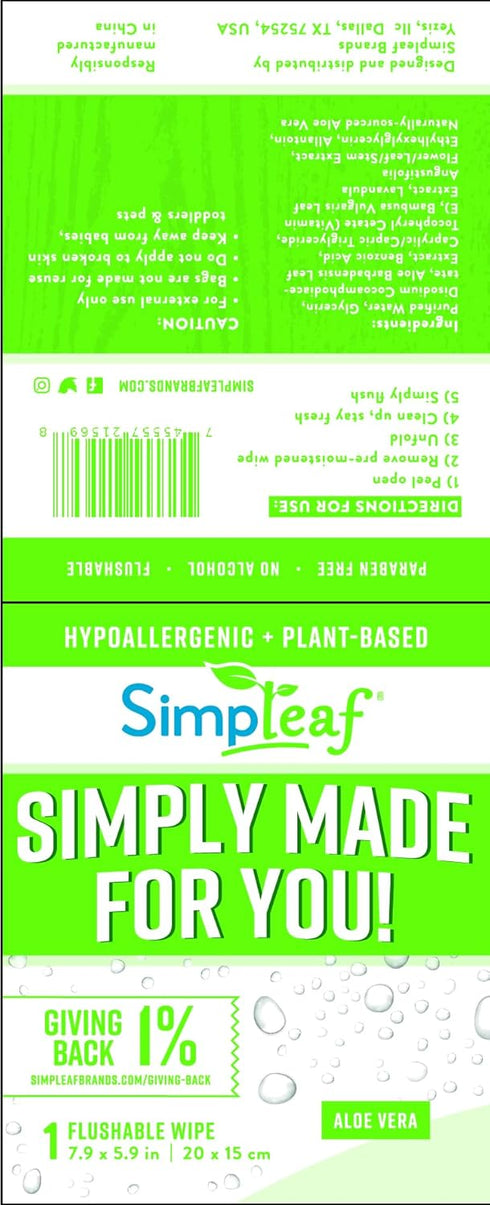 Pack (30 4 Pack 120 Counts Simpleaf Flushable Aloe Vera Single Wet Wipes |Paraben & Alcohol Free | Hypoallergenic