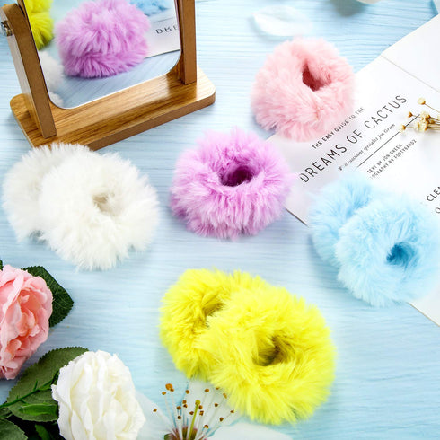 WILLBOND 16 Pieces Furry Scrunchies Faux Fur Hair Band Ties, Colorful Ponytail Holders for Women