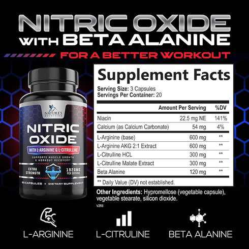 Extra Strength Nitric Oxide Supplement, L Arginine 3X Strength, Citrulline Malate, 60 Capsules