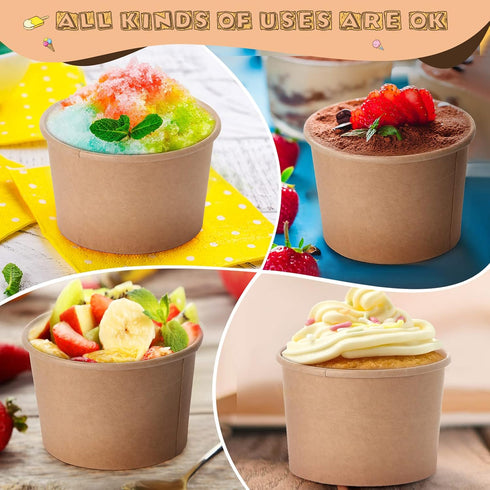 100 Pieces Ice Cream Cups - Paper Disposable Sundae Bowls, Kraft Paper Hot Cold Soup Snack Yogurt Dessert Small Cups