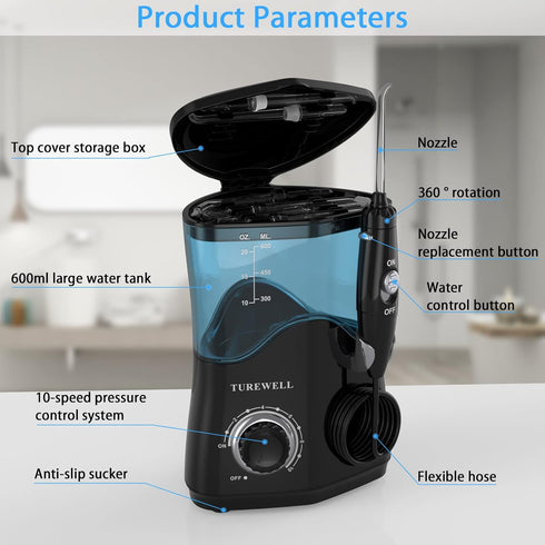 TUREWELL Water Dental Flosser for Teeth/Braces, 8 Jet Tips, 10 Pressure Levels, 600ML Oral Irrigator (Black)