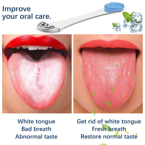 MOOSEC Tongue Scraper for Adults & Kids - Durable 2 in 1 Silicone Brush and Stainless Steel Scrapers