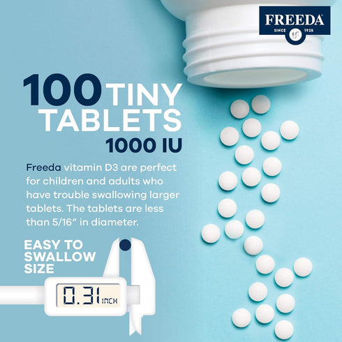 FREEDA Vitamin D3-1000 IU - High Potency Kosher Supplement Tablets for Bone and Muscle Health, 100 Count