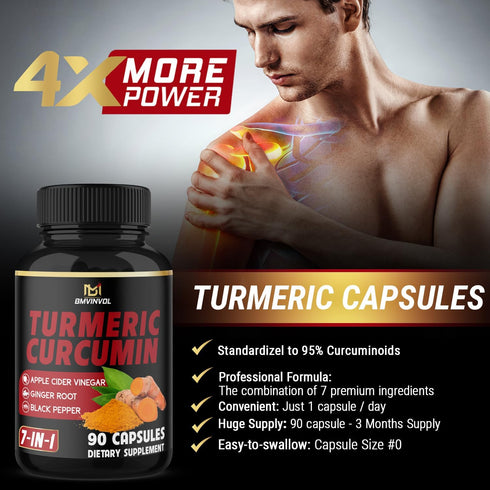 Turmeric Curcumin Supplement with Ginger, Apple Cider Vinegar, Black Pepper - 90 Count - 3 Month Supply