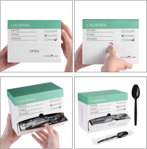 Plastic Disposable Spoons, Individually Packaged, 7-Inch Black Commercial Take Away, 100 PCS