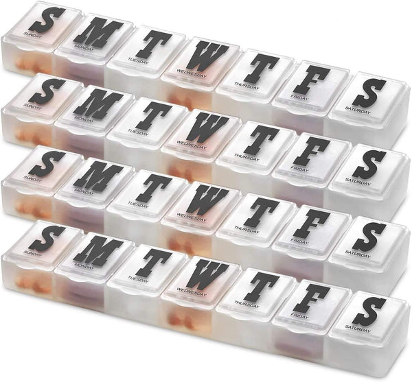 Pill Organizers, Pack of 4 Bold Letter Weekly Pill Planners for 28 Days Total