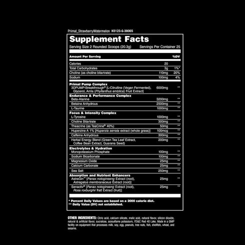 Animal Primal Muscle Hydration + Preworkout Powder – Strawberry Watermelon Flavor, 17.9 oz, Contains Beta Alanine