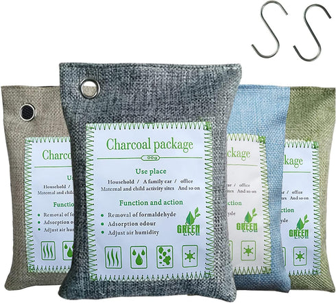 Bamboo Charcoal Bags Odor Absorber, 2 Packs 200g Charcoal Deodorizer Bags with Hooks for Home, Cars, Bathroom