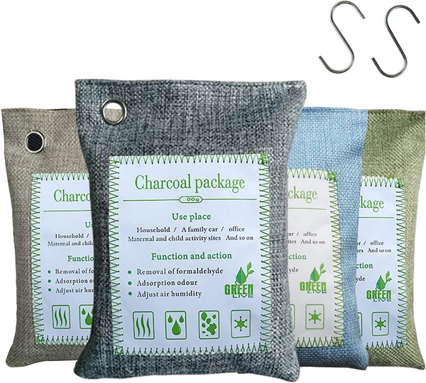Bamboo Charcoal Bags Odor Absorber, 2 Packs 200g Charcoal Deodorizer Bags with Hooks for Home, Cars, Bathroom