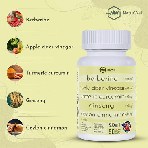 Ceylon Cinnamon Ginseng Berberine Turmeric Apple Cider Vinegar Chromium Zinc N-Acetyl Cysteine 20 in 1, 90 Capsules