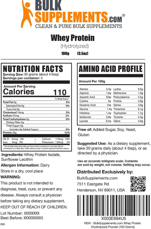 BulkSupplements.com Hydrolzyed Whey Protein Isolate Powder - Unflavored Whey Protein Powder, Plain Protein Powder - Gluten Free, 30g per Serving, 100g (3.5 oz) (Pack of 1)